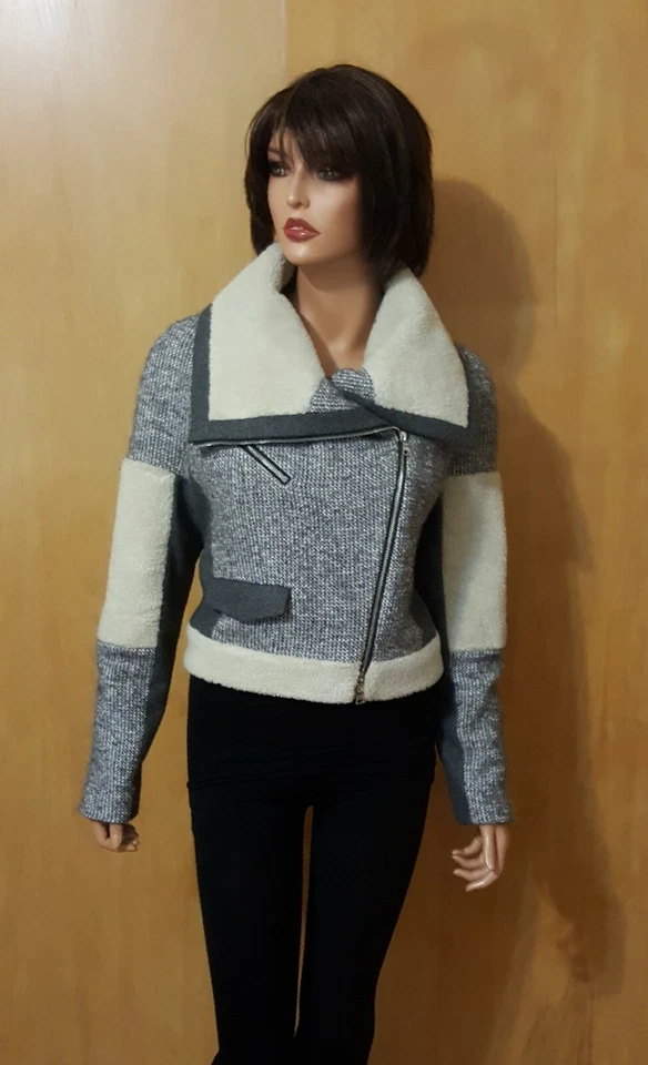 WOMENS CYNTHIA STEFFE TWEED WOOL ALPACA WOOL GRAY/CREAM MILITARY BIKER JACKET ~8 - Image 4 of 4