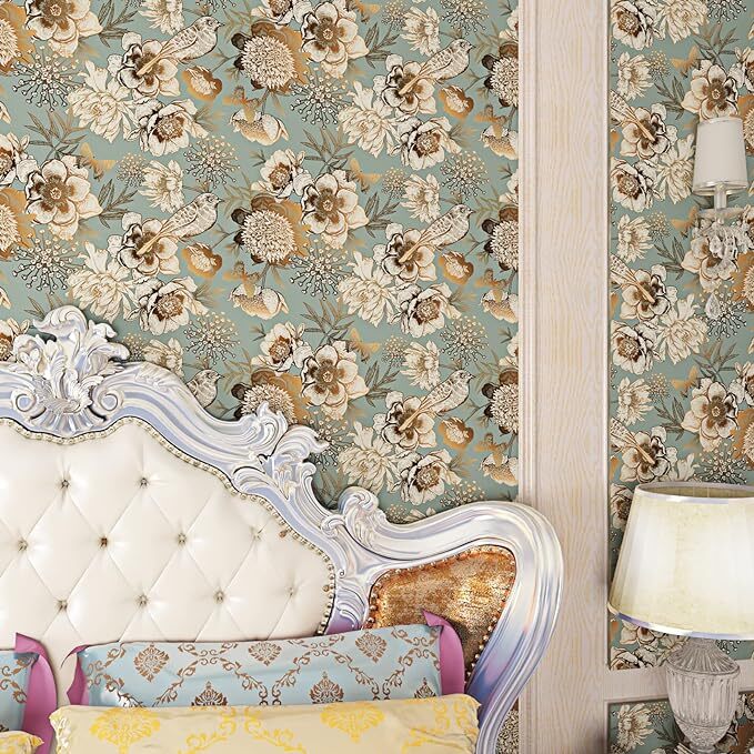 17.5in×39ft Gold Peel and Stick Wallpaper Vintage Floral Wallpaper Gold