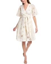 Tahari Womens White Crochet Eyelet Floral Lined V Neck Fit & Flare Dress Size 6