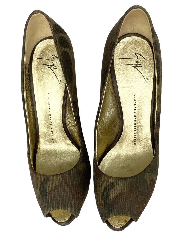 GIUSEPPE ZANOTTI Camuflaje Verde Marrón Tela Peep Toe Tacones de Madera, Talla 39 Foto 3 de 4