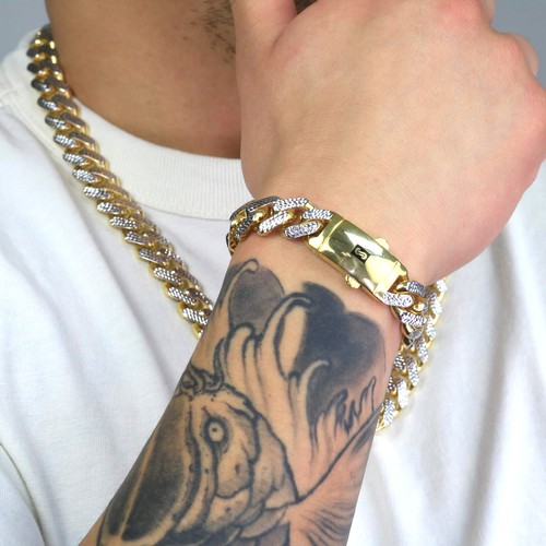 10k Yellow Gold 13mm Monaco Miami Cuban Link Diamond Cut Pave Chain Necklace 22" - Picture 3 of 8