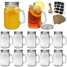 12 Pack 16oz Glass Mason Jars Drinking Mugs w/ Handle for Coffee Iced Tea Juice