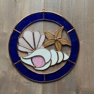 Vintage Stained Glass Window Hanging Circle Gold Cobalt Blue Sea Shell