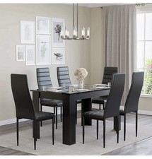 Black Glass & Metal Dining Table Set with 6 Faux Leather Chairs, 140x80cm Modern