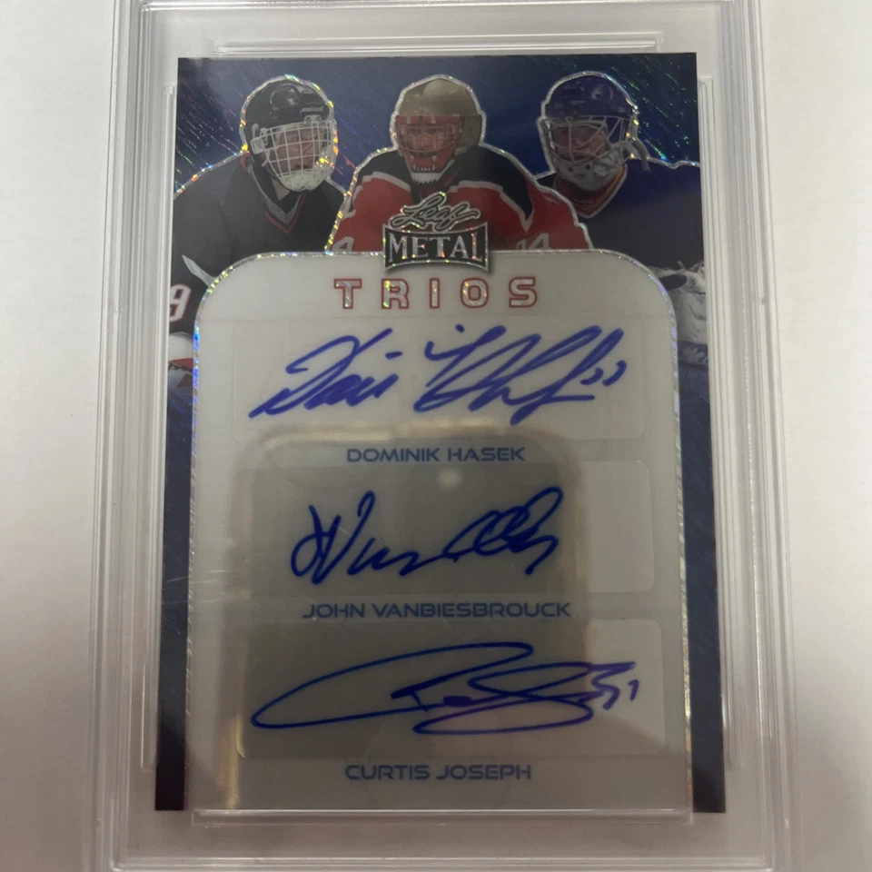 LEAF METAL HOCKEY LEGENDS 2023 TRIPLE AUTO HASEK/VANBIESBROUCK/JOSEPH 1/1 ¡DULCE! Foto 3 de 4