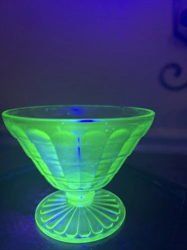Block Optic green uranium glass low V shaped sherbet Hocking glass company