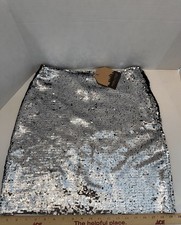 Main Strip Silver Sequin Straight Mini Skirt with Side Zipper Size Small, New