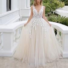 V Neck Wedding Dresses Backless Tulle Appliques A Line Bridal Gowns Plus Size