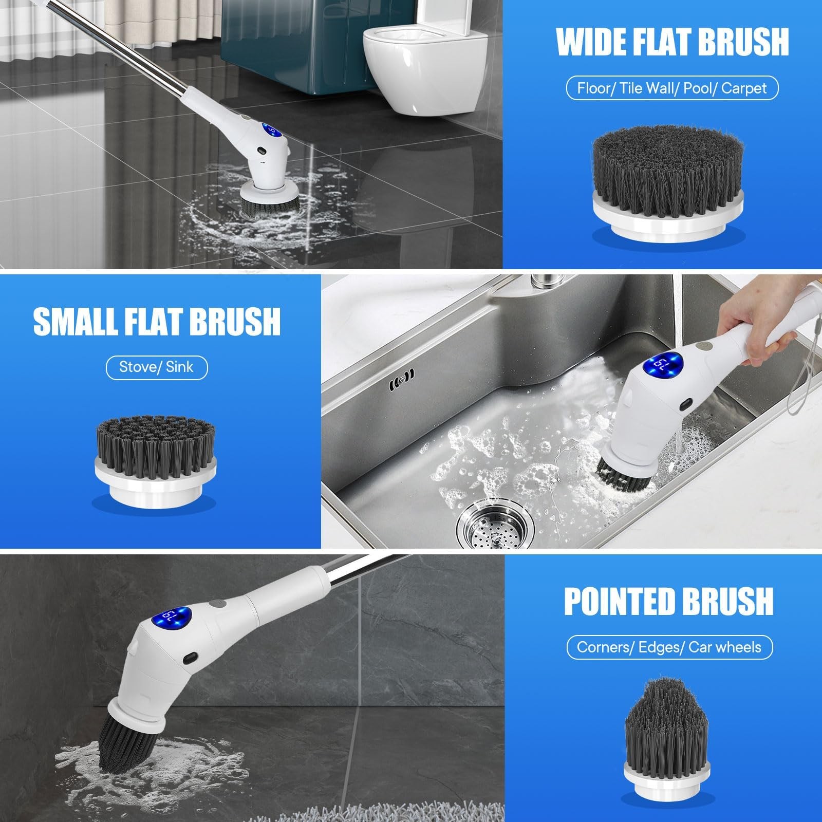 Spin Scrubber Bathroom, 8 in 1 Cordless Toilet Brush,3 Speed Shower Scrubber ...