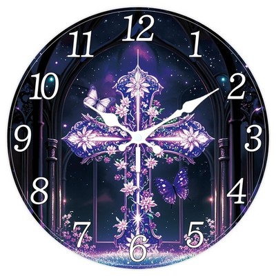 Fantasy Gothic Style Wall Clock 12 Inch Glowing Cross Clock Butterfly Round D...