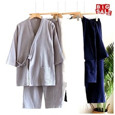 Large Size Kimono Set for Men Robes Pocket Long Pants 2 Pajamas