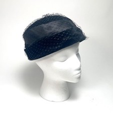Vintage Black Velvet Pillbox Hat with Satin Ribbon, Bow Netting Veil