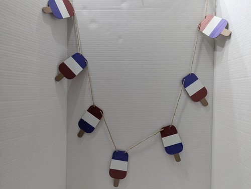 4th Of July Popsicles Wood Garland Banner Red White Blue Ice Pop 6 Feet