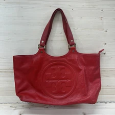 Tory Burch Purse Bombe Handbag Tote Red Leather Logo Two Strap Pebbled Large