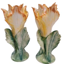 2 Pc Chelsea House Porcelain Lily Flower 7" Candlestick Holders Yellow Vnt