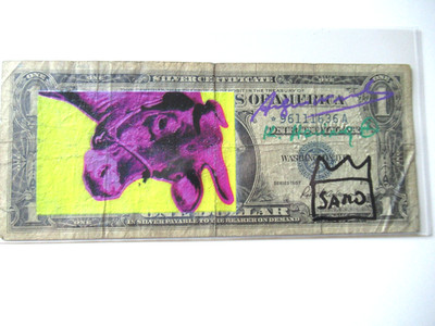 C) A. WARHOL/K. HARING/J. M.BASQUIAT: 1US$ ORIGINAL  4x SIGNIERT, SKIZZIERT