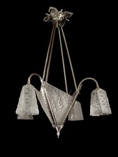 G.LABBE & A.NEUT : LUSTRE ART DÉCO EN BRONZE NICKELÉ ET VERRERIES PRESSÉES 1930