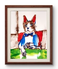 Aleph Original Art Dealing Cat 14x11 Figurative Expressionist Painting On Paper