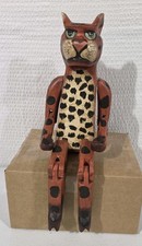 Vintage Hand Carved Wooden Dangle Leg Cat Shelf Sitter Folk Art Orange Dots 