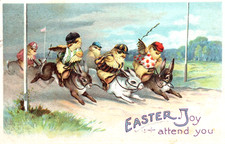 Clapsaddle  ANTHOROPOMORPHIC  JOCKEY RACE Rabbit CHICK  EASTER  Germany postcard