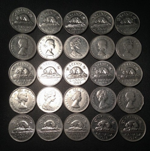 Old Canadian Nickel Lot - 25 Coins - 1955-1981 - PURE NICKEL - FREE SHIPPING!!