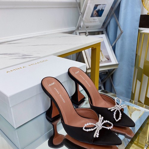 Amina Muaddi Strass Schleife Sandalen, Fischmaul Hausschuhe Damen 2021 High Heels - Bild 6 von 30