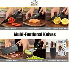 6-Pack Black Professional Chef Knives - Complete Set for Kitchen Food Prep