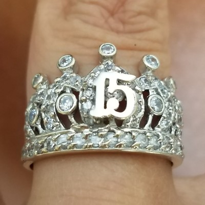 14 Karat Gold 15 Quinceanera Tiera Krone Ring weißer April Stein Ringgröße 7 