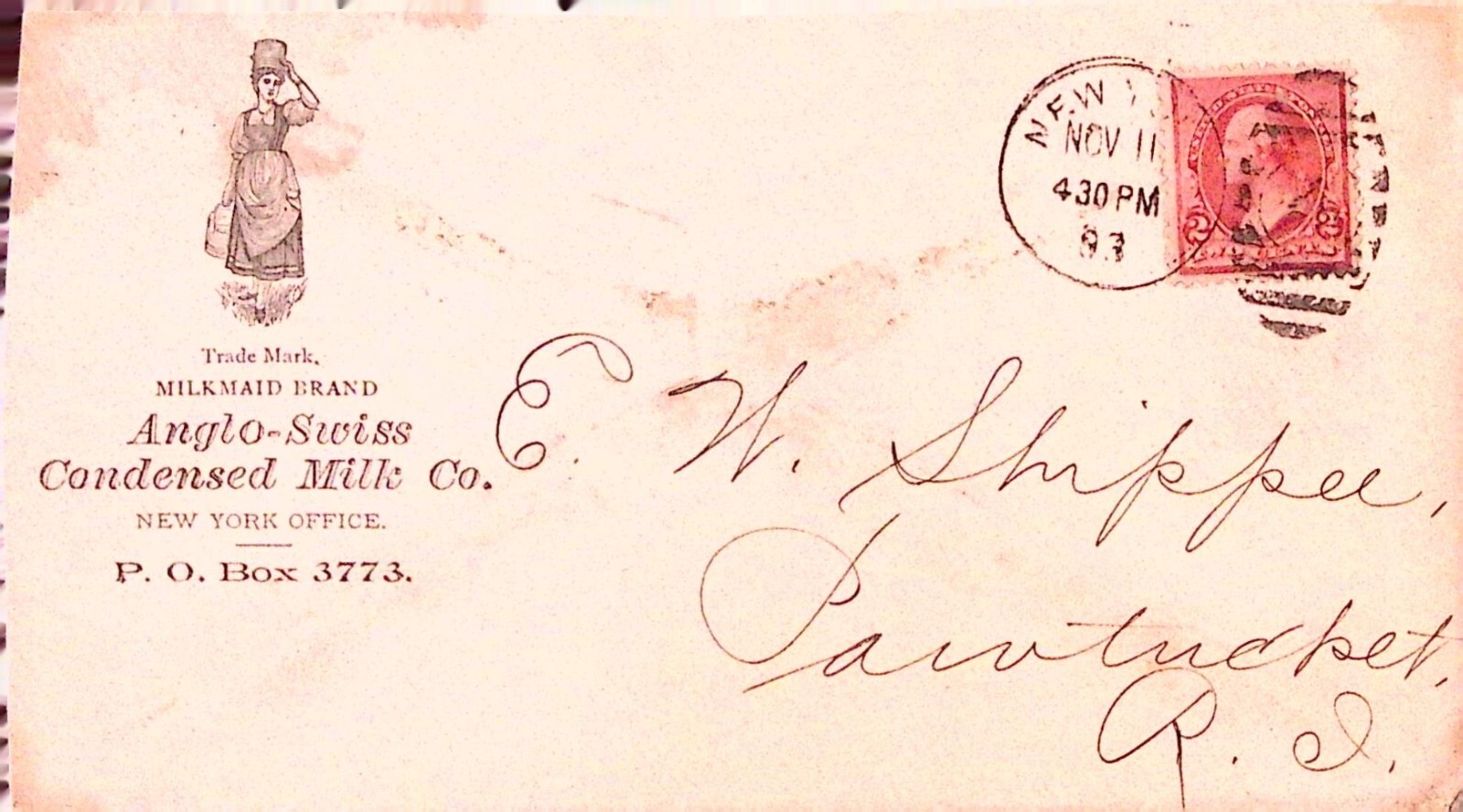 Sobre marca Milkmaid Anglo-Swiss Condensed Milk Co Nueva York 1893