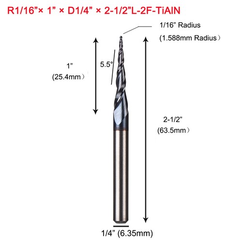 1pc 1/16" in Radius Tapered Ball Nose Router Bit Solid Carbide Spiral End Mill