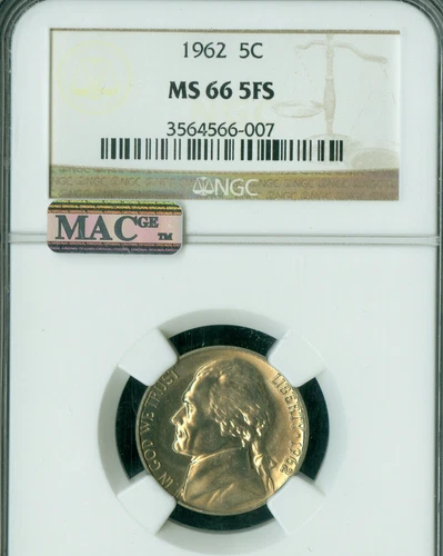 1962 JEFFERSON NICKEL NGC MS66 FS 2ND FINEST REGISTRY MAC SPOTLESS  *
