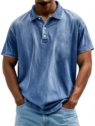 New Men's Polo Shirts Short Sleeve Distressed Washed Cotton T-Shirts - Picture 15 of 34