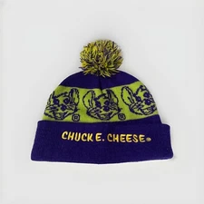 CHUCK E CHEESE WINTER HAT Knit Beanie Cap with POM Ball Mouse Green Purple Youth