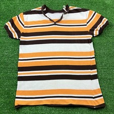 Vintage 70's Women's Sears Perma-Press 1/4 Zip Striped Shirt Orange Brown White