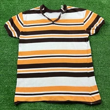 Vintage 70's Women's Sears Perma-Press 1/4 Zip Striped Shirt Orange Brown White
