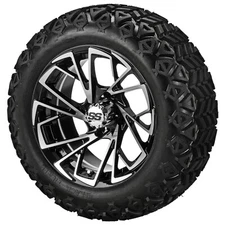 (4) Golf Cart 23x10-14 Black Trail A/T Tire on 14x7 Black/Machined Stinger Wheel