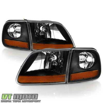 1997-2003 Ford F150 Black Harley Davidson Style Headlights w/Corner Left+Right
