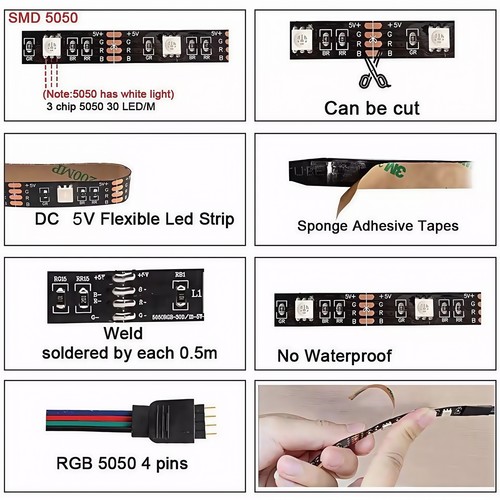 USB LED Strip Lights APP Control RGB 5050 Flexible Room TV Backlight Decor Party - Picture 15 of 21