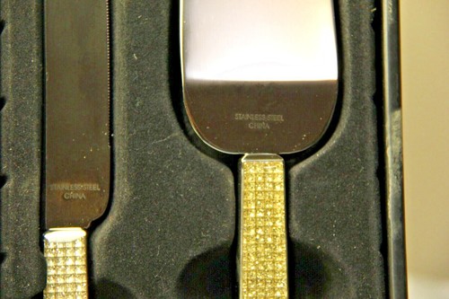 The Jewel Collection Wedding Cake Stainless Steel Knife Server Set Silver & Gold - Foto 3 di 10