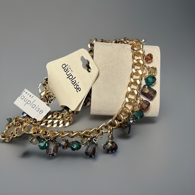 Dauplaise Gold Tone  Acrylic Beads Iridescent Teal Plum Orange Necklace 20”