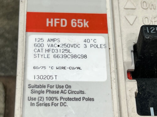 Eaton HFD3125L HFD 65K Circuit Breaker 125 AMP 600 VAC 3 Pole - Picture 2 of 7