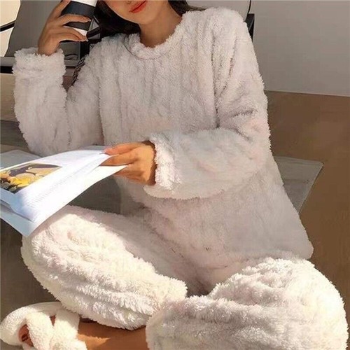 Damen Fleece Pyjama Set weich warm Rundhalsausschnitt Oberteil Hose Loungewear Nachtwäsche USA - Bild 13 von 30