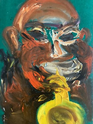 Sehr Schön Gemälde Öl Art Brut Karton 1960 Trompete Musik Jazz Expressionistisch