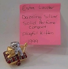 Estee Lauder Dazzling Silver Solid Perfume Compact Playful Kitten 1999 Preowned 