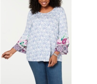 Style & Co Women's spring awakens Floral print trumpet sleeve scoop neck Top, 0X