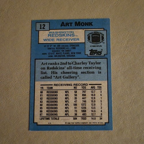 ART MONK 1988 TOPPS #12 WASHINGTON REDSKINS - Picture 2 of 2