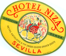 Hotel Niza ~SEVILLA / SEVILLE SPAIN~ Beautiful Old Luggage Label, c. 1950