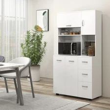 Freestanding Kitchen Storage Microwave Hutch Cupboard with 3 Cabinets, White