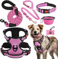 No Pull Dog Harness, Collar & Leash Set | Includes Dog Seat Belt, Collapsible Bo