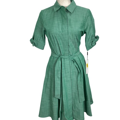 Calvin Klein Hemdblusenkleid Damen 2 Grün Gürtel Fliege Ärmel Baumwolle Karriere Freizeit